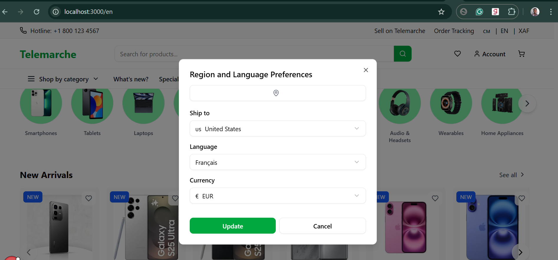 Telemarche regional and language selection