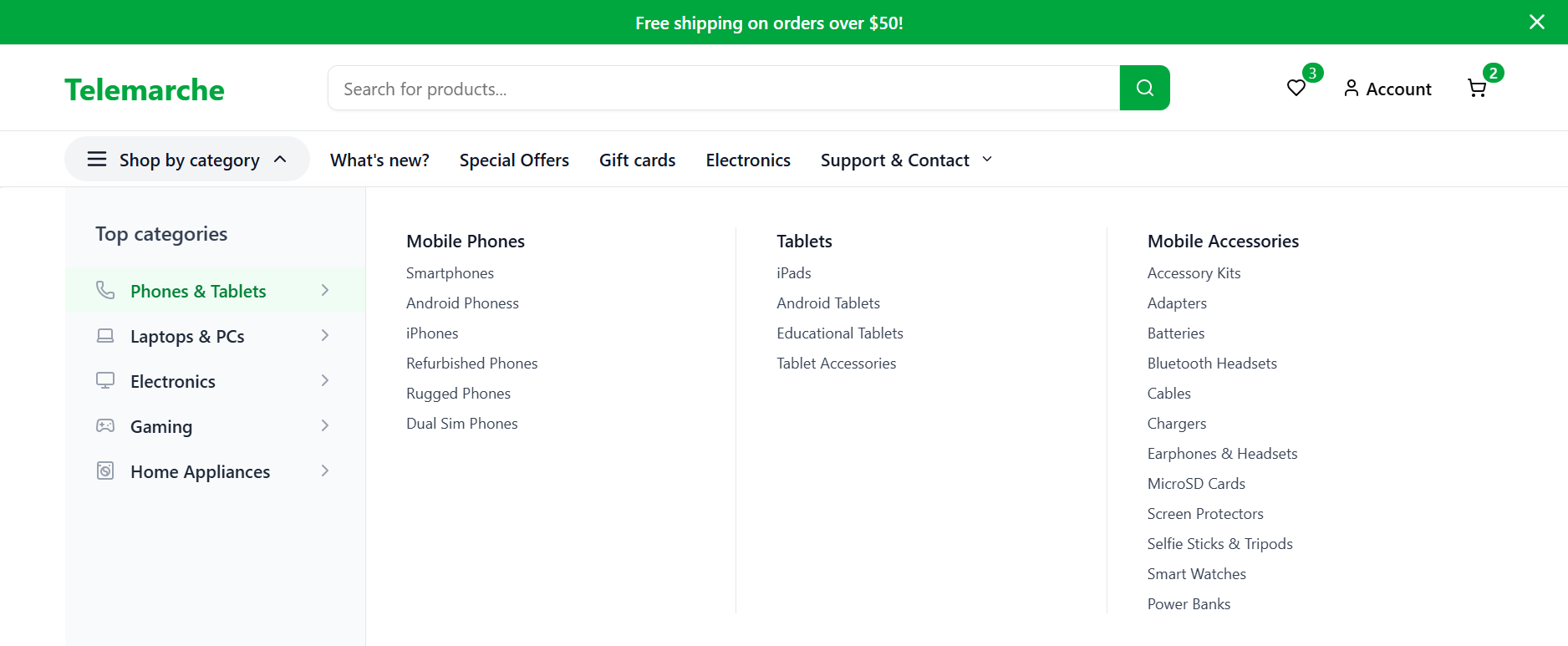 Telemarche navigation menu