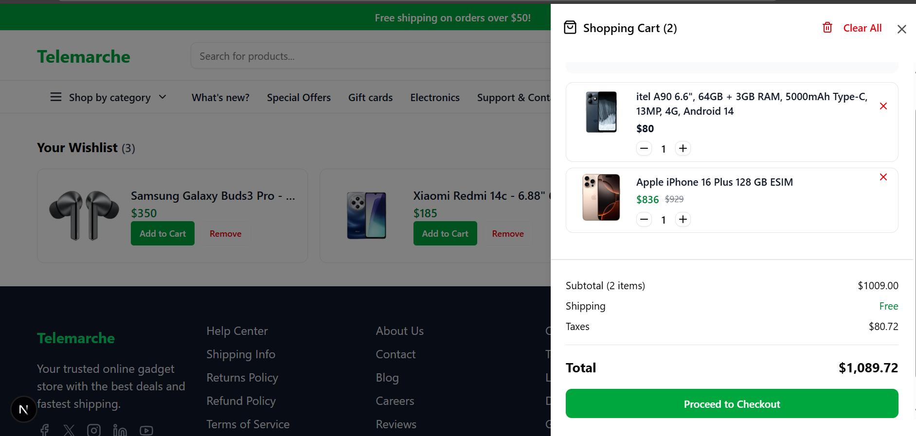 Telemarche wishlist and cart